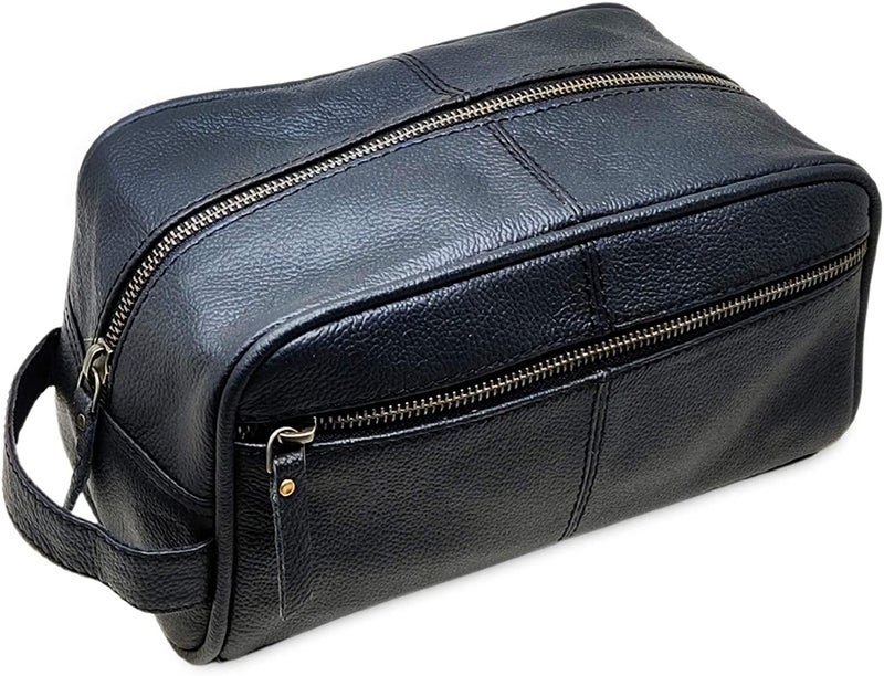 jaald Mens Large Genuine Black Luxury Leather Toiletry Bag Shower Kit Shaving And Grooming Bag For Travel Groomsmen Gift Men Women Hanging Zippered Makeup Bathroom Cosmetic Pouch Make Up Case - Image 2
