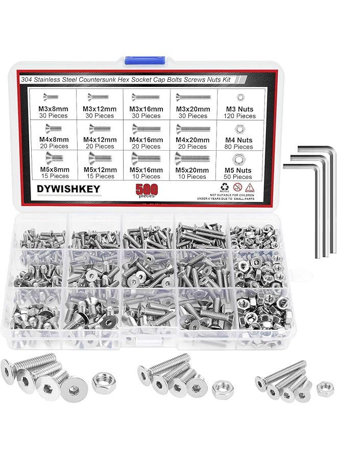 DYWISHKEY 500PCS مقياس M3 M4 M5، براغي وصواميل من الفولاذ المقاوم للصدأ 304 برأس مسطح ومغروز مع مجموعة مفاتيح سداسية - Image 1
