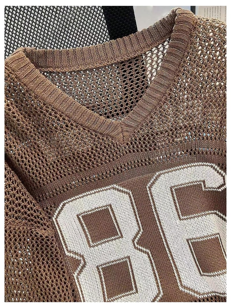 Floerns Women's Oversize Number Sweater Casual Hollow Out V Neck Street Pullover Top Coffee Brown Medium - Image 3