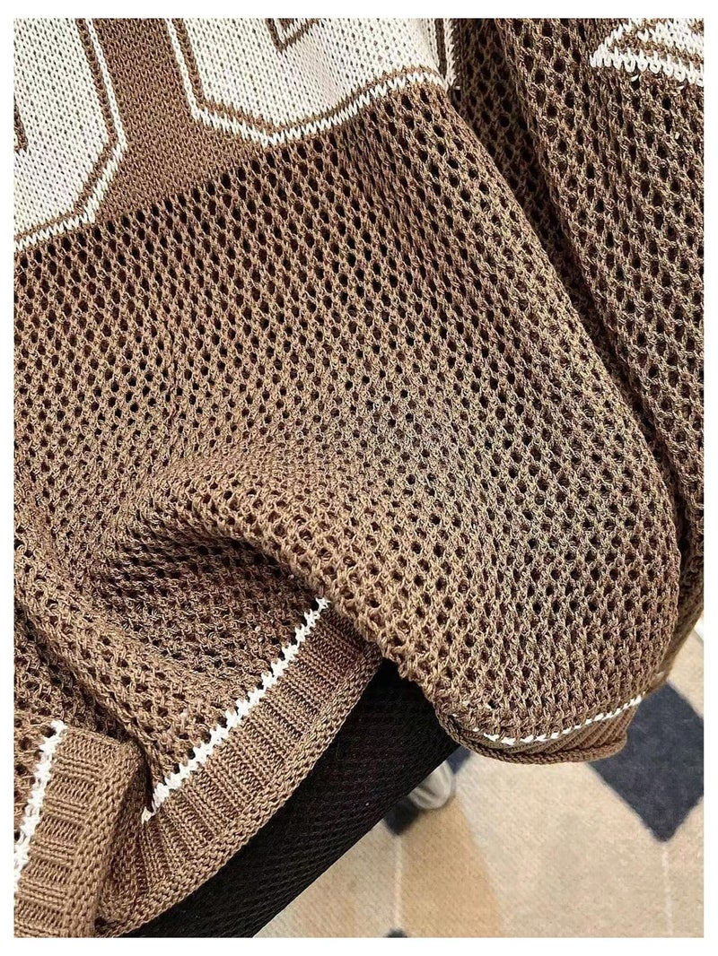 Floerns Women's Oversize Number Sweater Casual Hollow Out V Neck Street Pullover Top Coffee Brown Medium - Image 5