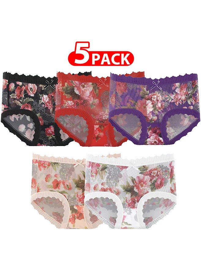 MARGOUN 5 Packs Ultra-thin Panties Women Lace Briefs Ice Silk Mid-Waist Panties Female Lingerie Fashion Flower Print Seamless Underwear/M (Waist 22'')--L (Waist 24'')--XL (Waist 26'') - Image 1