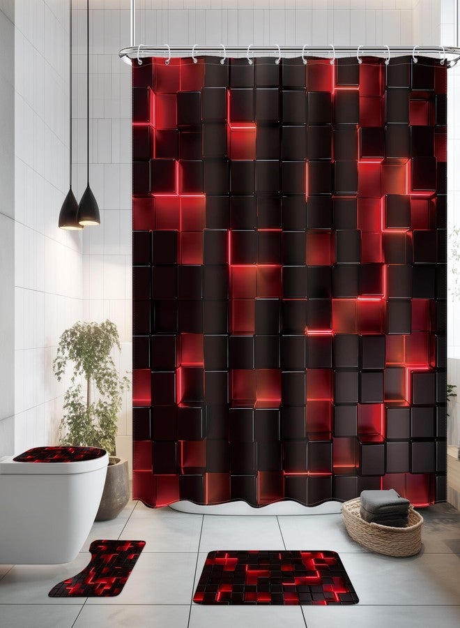 Ufeela 4 PCS Black and Red Bathroom Set with Shower Curtain and Rugs 72Wx72H Inch 3D Cube Kids Modern Cool for Boy Men Non-Slip Bath Rug Toilet Lid Cover U Shape Mat Accessories 12 Hooks Bathoom Decor - Image 2