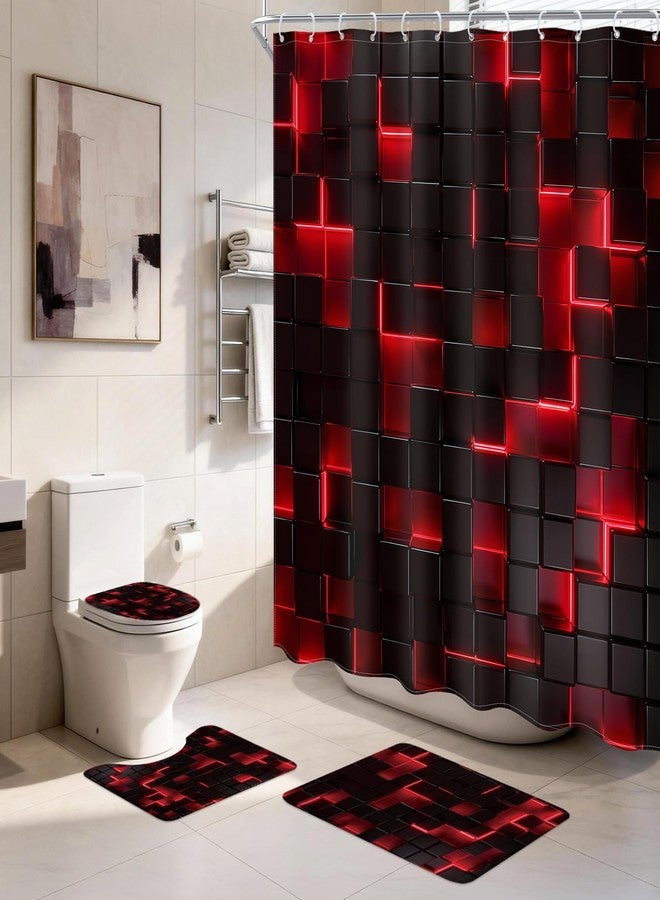 Ufeela 4 PCS Black and Red Bathroom Set with Shower Curtain and Rugs 72Wx72H Inch 3D Cube Kids Modern Cool for Boy Men Non-Slip Bath Rug Toilet Lid Cover U Shape Mat Accessories 12 Hooks Bathoom Decor - Image 1