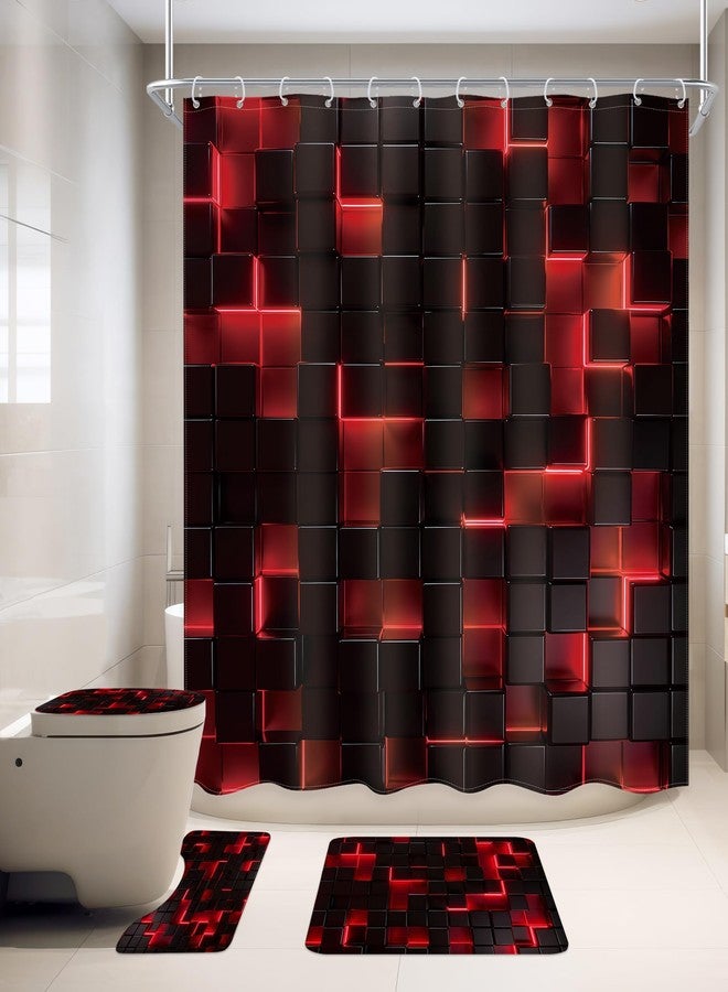 Ufeela 4 PCS Black and Red Bathroom Set with Shower Curtain and Rugs 72Wx72H Inch 3D Cube Kids Modern Cool for Boy Men Non-Slip Bath Rug Toilet Lid Cover U Shape Mat Accessories 12 Hooks Bathoom Decor - Image 4