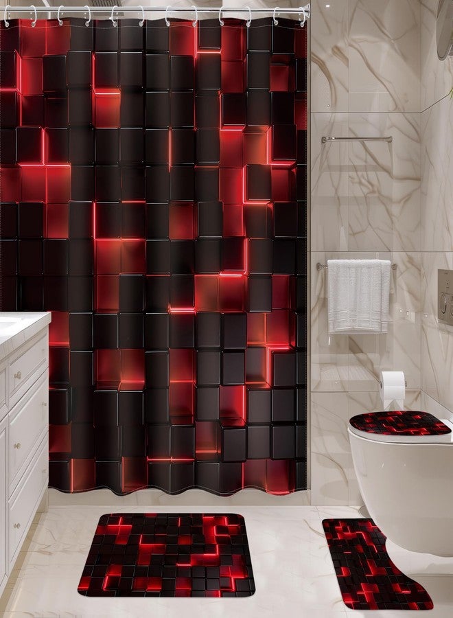 Ufeela 4 PCS Black and Red Bathroom Set with Shower Curtain and Rugs 72Wx72H Inch 3D Cube Kids Modern Cool for Boy Men Non-Slip Bath Rug Toilet Lid Cover U Shape Mat Accessories 12 Hooks Bathoom Decor - Image 5