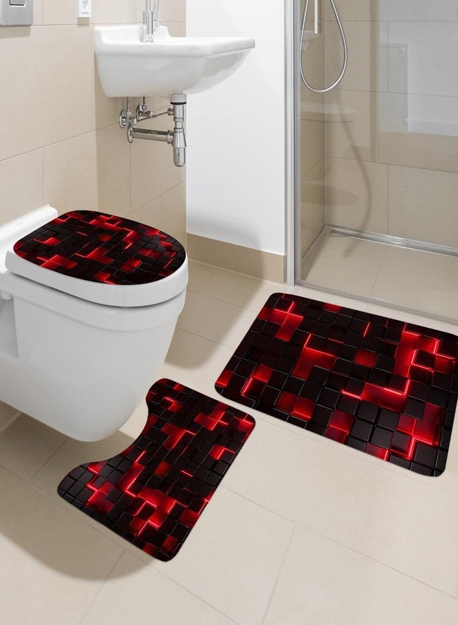 Ufeela 4 PCS Black and Red Bathroom Set with Shower Curtain and Rugs 72Wx72H Inch 3D Cube Kids Modern Cool for Boy Men Non-Slip Bath Rug Toilet Lid Cover U Shape Mat Accessories 12 Hooks Bathoom Decor - Image 3
