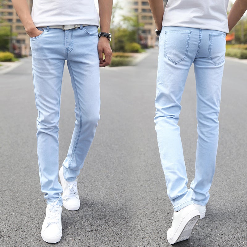Generic Autumn Stretch Jeans Mens Light-colored Legs Korean Style Slim-fit Snowflake Mens Pencil Pants Tight-fit Teenagers 802# Sky Blue 