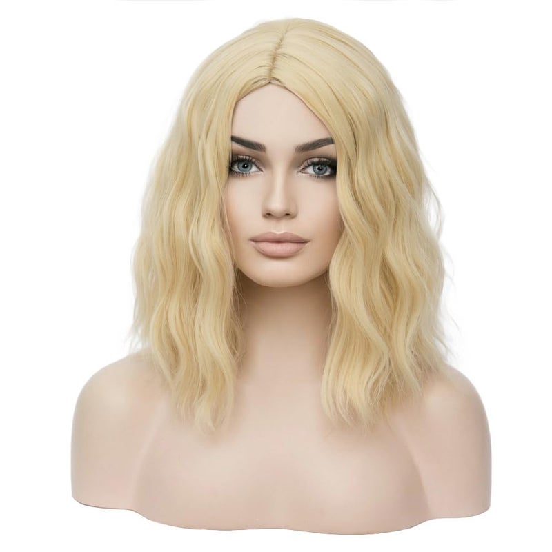 BERON Blonde 12 Inch Wigs for Women Girls Short Curly Wavy Hair Wig 30 cm Light Blond Shoulder Length Body Wave Halloween Cosplay Daily Party Wigs Light Blonde