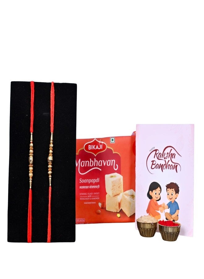 Poorak Religious Combo - 2 Rakhi, 200 gm Son Papdi & Raksha Bandhan Card - Image 1
