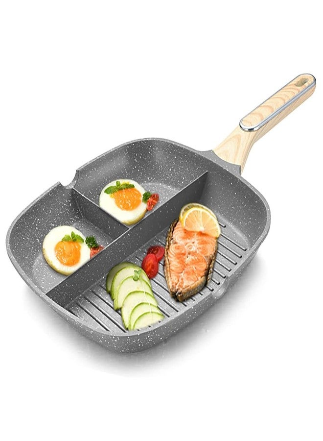 JUSTUP Nonstick Grill Pan, 3-in-1 Egg Pan 11 Inch Non Stick Skillet Pan, Heat Resistant Handle 3 Section Skillet Pancake Pan, Divided Pan Cooking Pan for Breakfast, Egg, Bacon and Burgers - Image 1