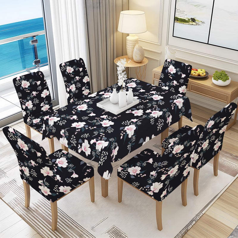BRIDA® Polyester Spandex Stretchable Floral Geometric Printed Dining Chair Covers Elastic Chair Seat Case Protector, Slipcovers (6 Seater Table Cover + 6 Chair Cover, Black Flowers) - Image 5