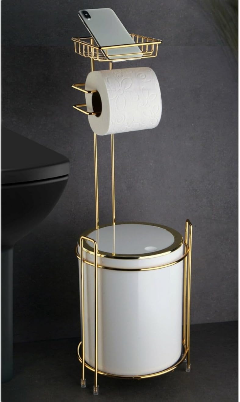 Luxury Gold Bathroom Tissue Holder Set with Storage Shelf, Wall-Mounted Toilet Paper Roll Dispenser, Modern Brass Design