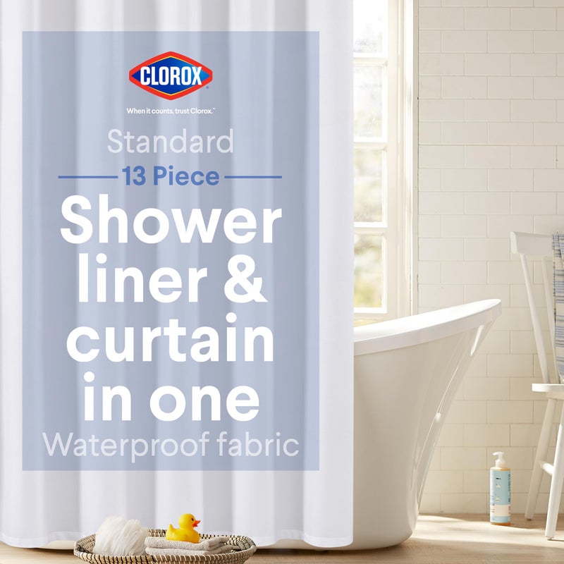 Clorox 2-in-1 Bathroom Shower Curtain Liner w Metal Hooks, Durable Fabric, Weighted Magnets for Bath Water Control, Washable Premium Quality, Modern - 72" x 72" White - Image 1