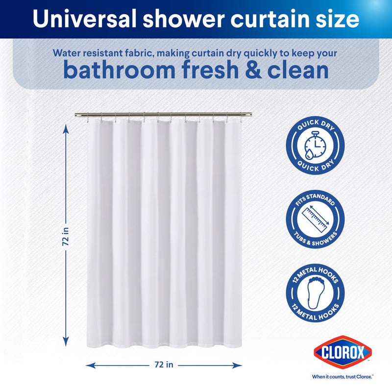 Clorox 2-in-1 Bathroom Shower Curtain Liner w Metal Hooks, Durable Fabric, Weighted Magnets for Bath Water Control, Washable Premium Quality, Modern - 72" x 72" White - Image 2