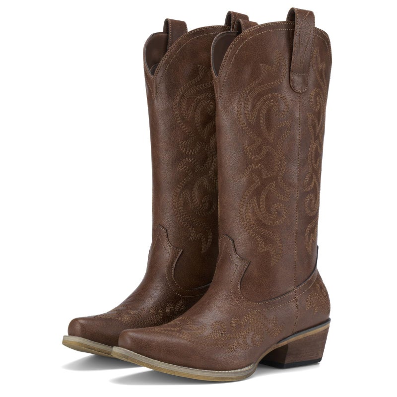 HISEA Rollda Cowboy Boots for Women Western Cowgirl Boots with Chunky Heel Ladies Snip Toe Mid-Calf Boots Bronze Size 7.5 - Image 1