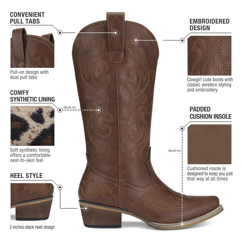 HISEA Rollda Cowboy Boots for Women Western Cowgirl Boots with Chunky Heel Ladies Snip Toe Mid-Calf Boots Bronze Size 7.5 - Image 4