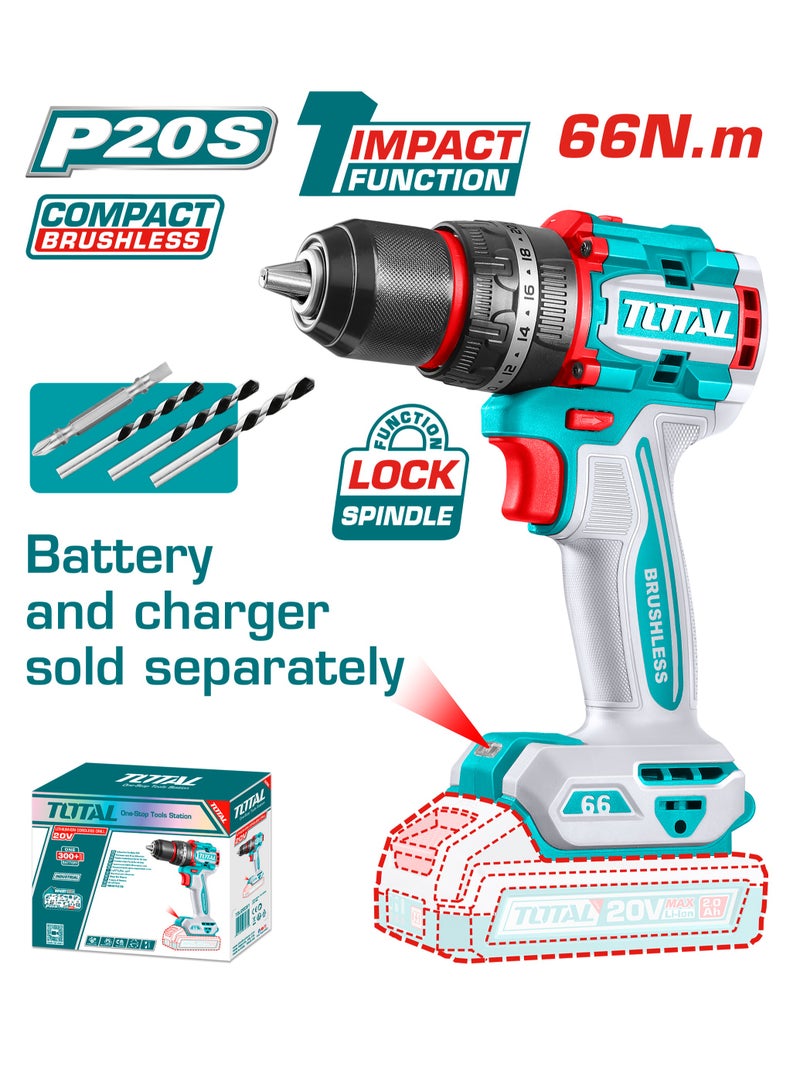 TOTAL Compact Brushless Cordless Impact Drill 20V 66NM  TIDLI206681