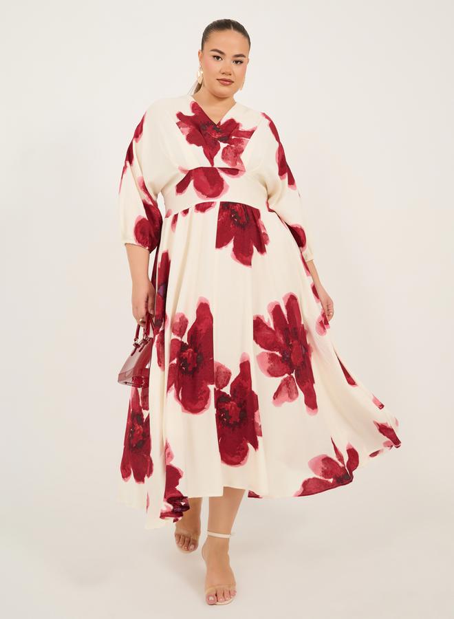 ستايلي فستان ماكسي مطبوع بياقة على شكل حرف  مقاس كبير ستايلي - Image 2