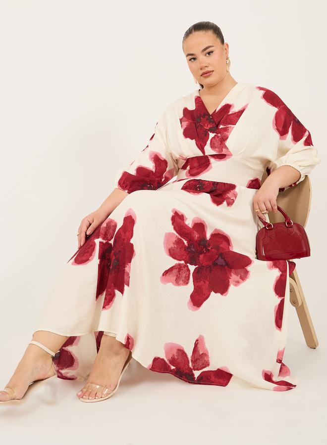 ستايلي فستان ماكسي مطبوع بياقة على شكل حرف  مقاس كبير ستايلي - Image 1