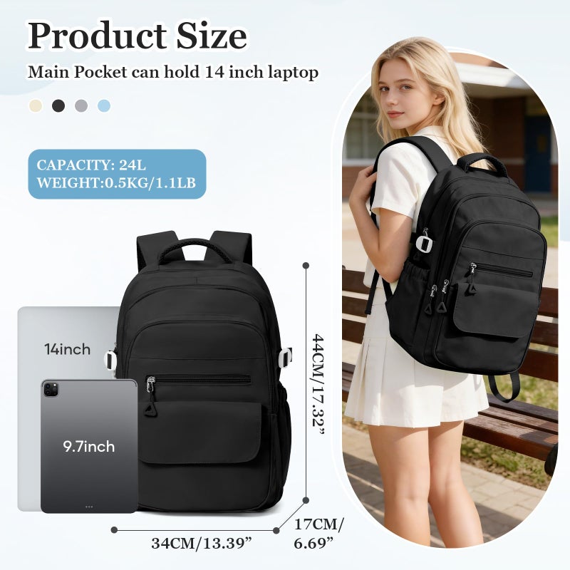 WEPOET Lightweight Black College Backpack for Women Men, Cute School Bag for Teens Girls Boys, Simple Middle School Bookbag, Waterproof Casual Daypacks for Students(Beige) - Image 2