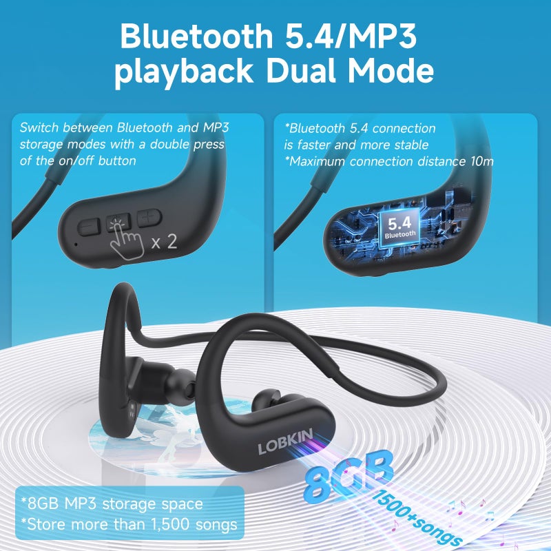 LOBKIN Waterproof Earbuds for Swimming, Bone Conduction Headphones IPX8 Swimming Headphones 8GB Memory Bluetooth 5.4 Wireless 8H Playtime in Ear Underwater Sport Earphones for Swimming, Running - Image 4