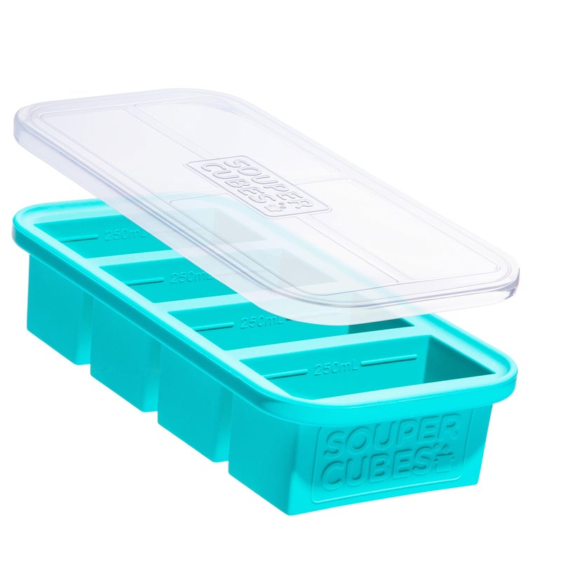 Souper Cubes قوالب فريزر سيليكون 1 كوب - مكعبات حساء مثالية لتجميد المرق، الأرز، بقايا الطعام والمزيد - صواني فريزر سيليكون مع أغطية لتحضير الوجبات - أكوا - عبوة واحدة - Image 1