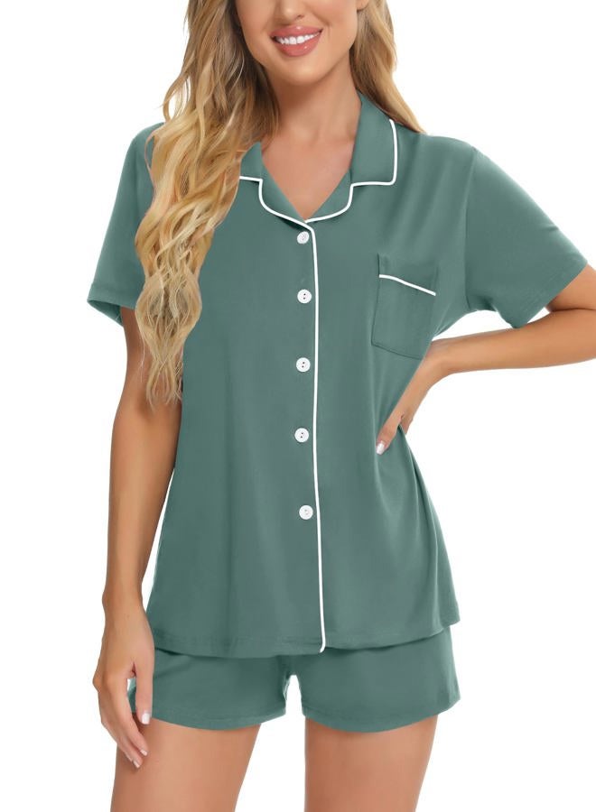 SWOMOG Womens Button Down Pajamas Set Short Sleeve Sleepwear Bride Soft Pj Lounge Sets XS-3XL Dark Green Medium - Image 2