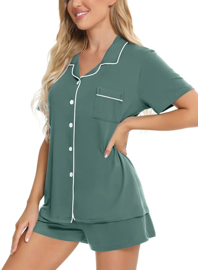 SWOMOG Womens Button Down Pajamas Set Short Sleeve Sleepwear Bride Soft Pj Lounge Sets XS-3XL Dark Green Medium - Image 3