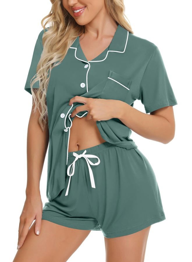 SWOMOG Womens Button Down Pajamas Set Short Sleeve Sleepwear Bride Soft Pj Lounge Sets XS-3XL Dark Green Medium - Image 1