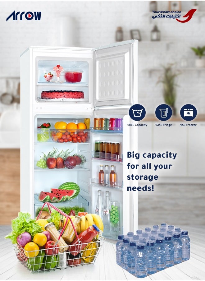 Arrow - 181L Top Freezer Refrigerator with 135L Fridge & 46L Freezer, Mechanical Temperature Control, Automatic Fridge Defrost, Manual Freezer Defrost, Metal Door Panel, Integrated Wheels, Low Noise (40 dB), and Food Care Drawer for Fresh Storage | Model No: RO2-280L - Image 1