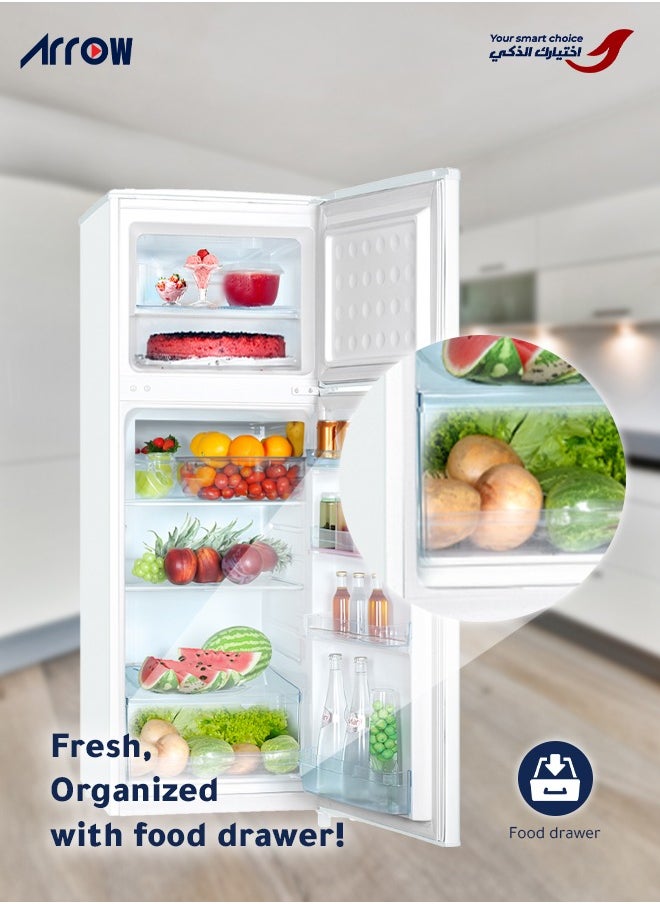 Arrow - 181L Top Freezer Refrigerator with 135L Fridge & 46L Freezer, Mechanical Temperature Control, Automatic Fridge Defrost, Manual Freezer Defrost, Metal Door Panel, Integrated Wheels, Low Noise (40 dB), and Food Care Drawer for Fresh Storage | Model No: RO2-280L - Image 1