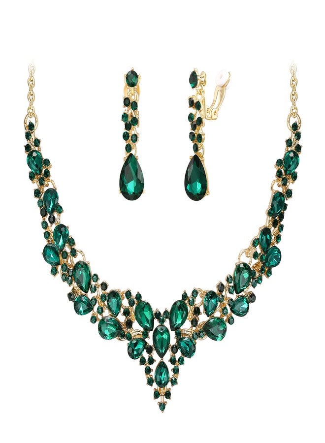 بريلوف أقراط بمشبك من بريلوف للمجوهرات، طقم قلادة مميز مرصع بكريستال نمساوي لامع على شكل دمعة، مثالي لحفلات الزفاف والسهرات، لون زمردي، لون ذهبي. - Image 1