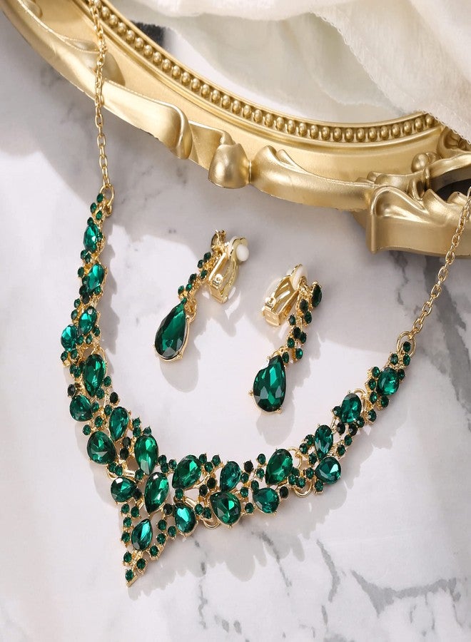 بريلوف أقراط بمشبك من بريلوف للمجوهرات، طقم قلادة مميز مرصع بكريستال نمساوي لامع على شكل دمعة، مثالي لحفلات الزفاف والسهرات، لون زمردي، لون ذهبي. - Image 3