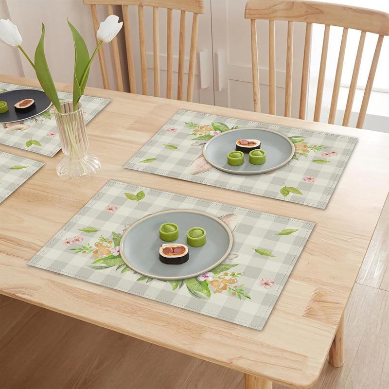 Farg Easter Bunny Rabbit Ears Placemat Set of 4 Buffalo Plaid Flowers Floral Kitchen Table Placemats Set of 4 12 x 18 Inches Seasonal Spring Holiday Dining Table Mats Indoor for Kitchen Table Washable - Image 5