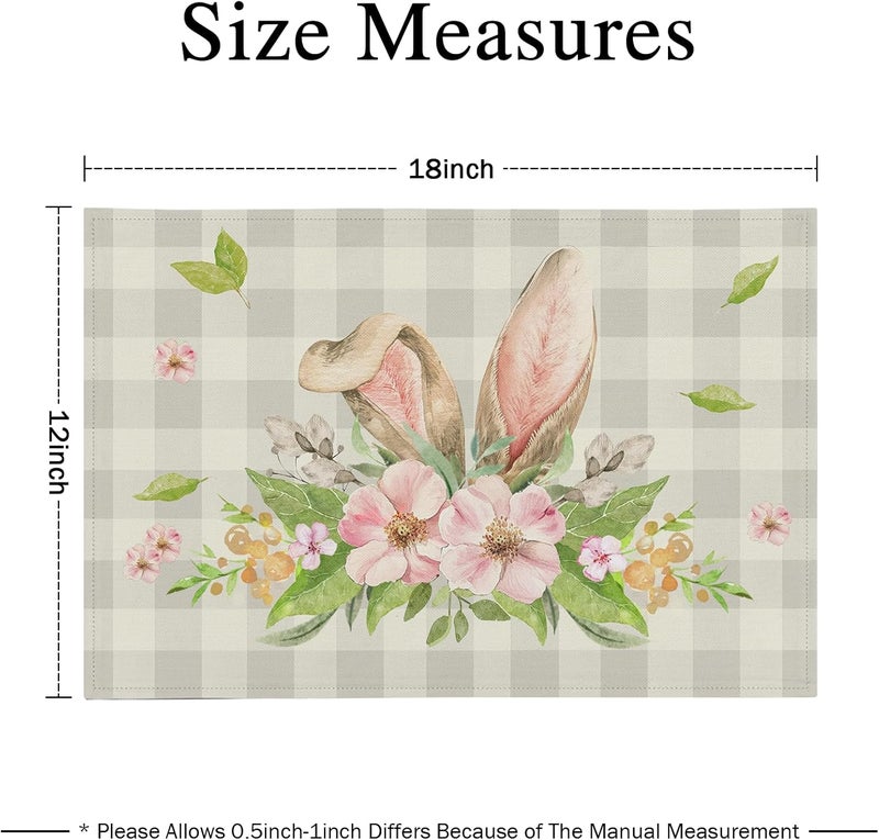Farg Easter Bunny Rabbit Ears Placemat Set of 4 Buffalo Plaid Flowers Floral Kitchen Table Placemats Set of 4 12 x 18 Inches Seasonal Spring Holiday Dining Table Mats Indoor for Kitchen Table Washable - Image 4