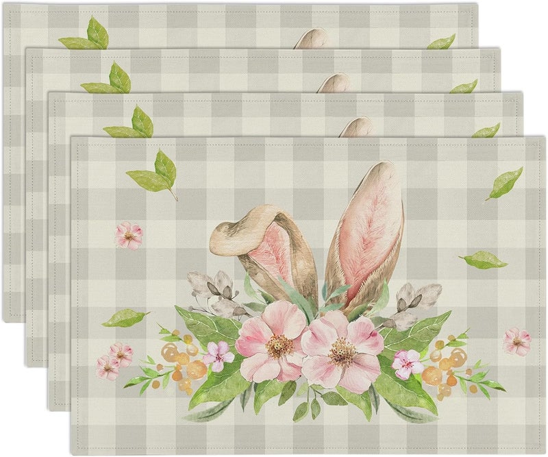 Farg Easter Bunny Rabbit Ears Placemat Set of 4 Buffalo Plaid Flowers Floral Kitchen Table Placemats Set of 4 12 x 18 Inches Seasonal Spring Holiday Dining Table Mats Indoor for Kitchen Table Washable - Image 1