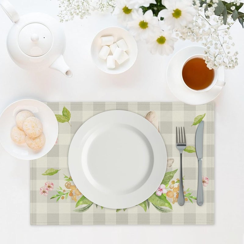 Farg Easter Bunny Rabbit Ears Placemat Set of 4 Buffalo Plaid Flowers Floral Kitchen Table Placemats Set of 4 12 x 18 Inches Seasonal Spring Holiday Dining Table Mats Indoor for Kitchen Table Washable - Image 2