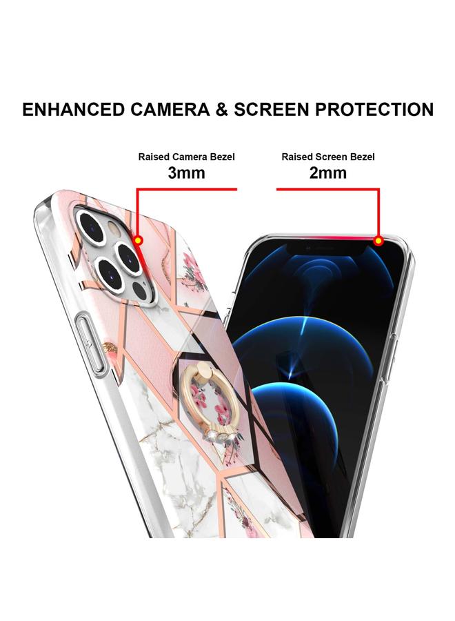 Zaboon Case For iPhone 12 Pro Max Electroplating Splicing Marble Flower Pattern TPU Shockproof Case with Rhinestone Ring Holder - Image 3