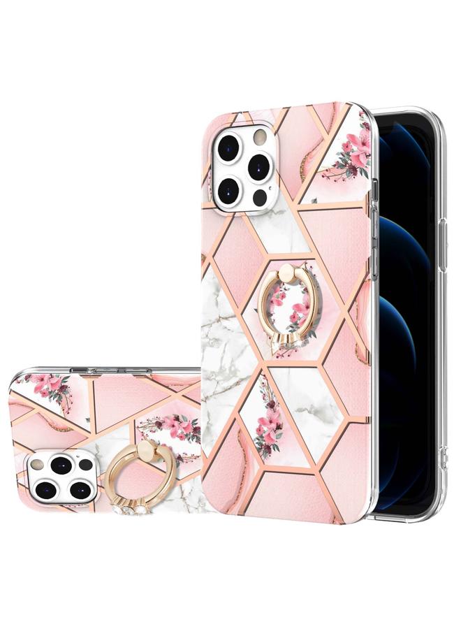 Zaboon Case For iPhone 12 Pro Max Electroplating Splicing Marble Flower Pattern TPU Shockproof Case with Rhinestone Ring Holder - Image 1