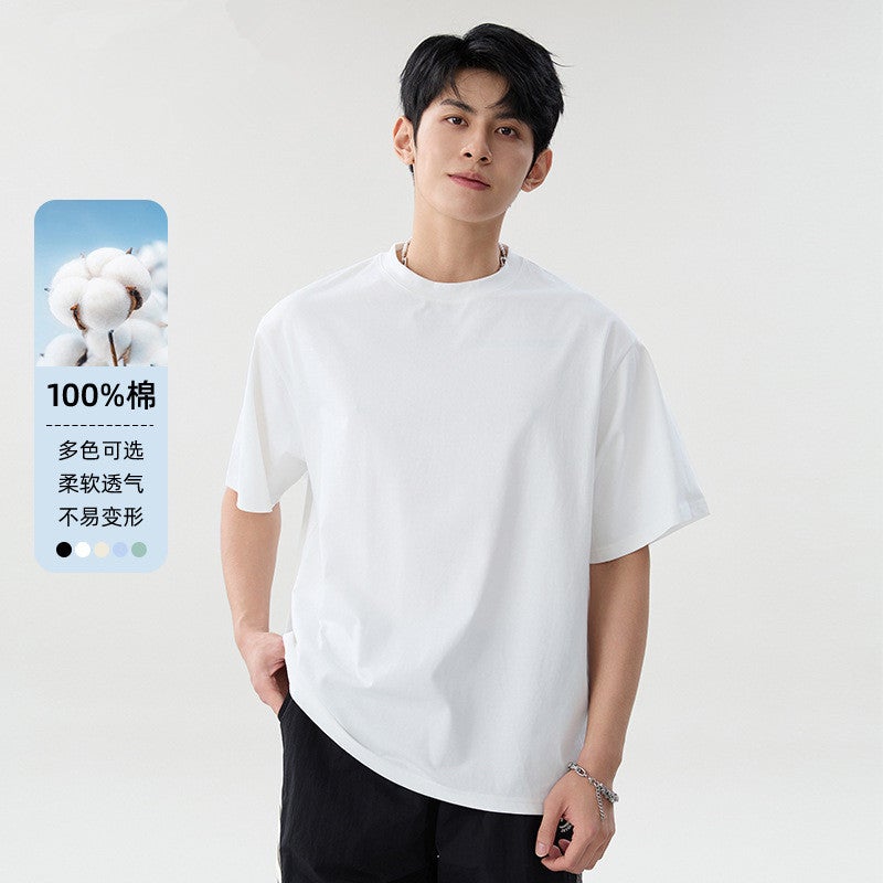 College style summer new heavy cotton short-sleeved t-shirt for male and female students, loose round-neck versatile top for couples - Image 2
