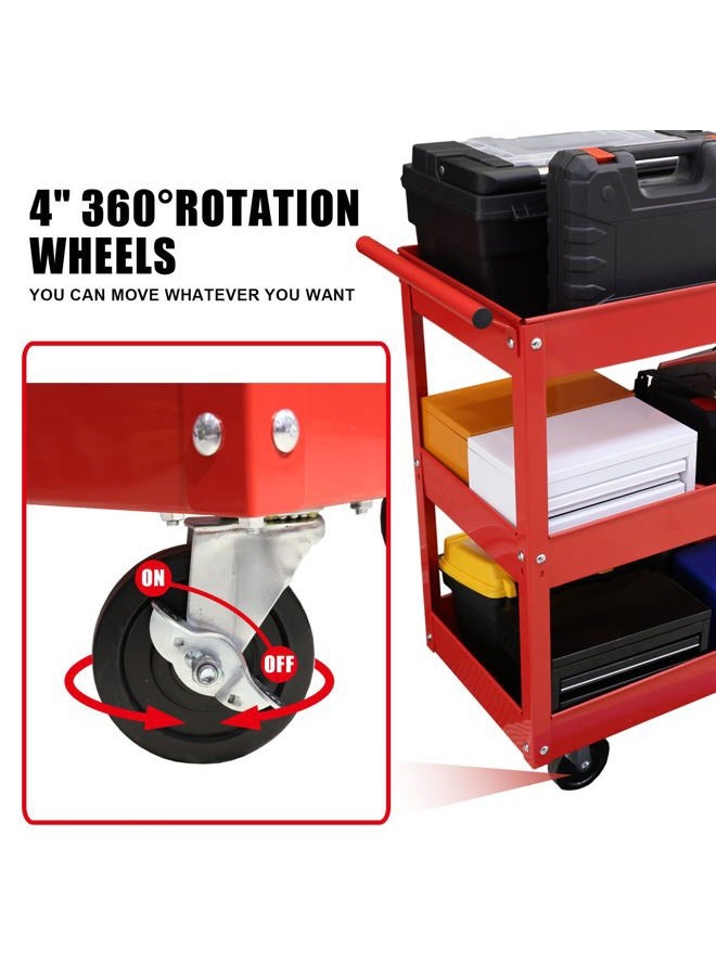 BIG RED 3-Tier Service Cart 400 lbs capacity metal cart on wheels For Garage Warehouse Workshop Use Stainless Steel Utility Cart,APTC302R,Torin - Image 4