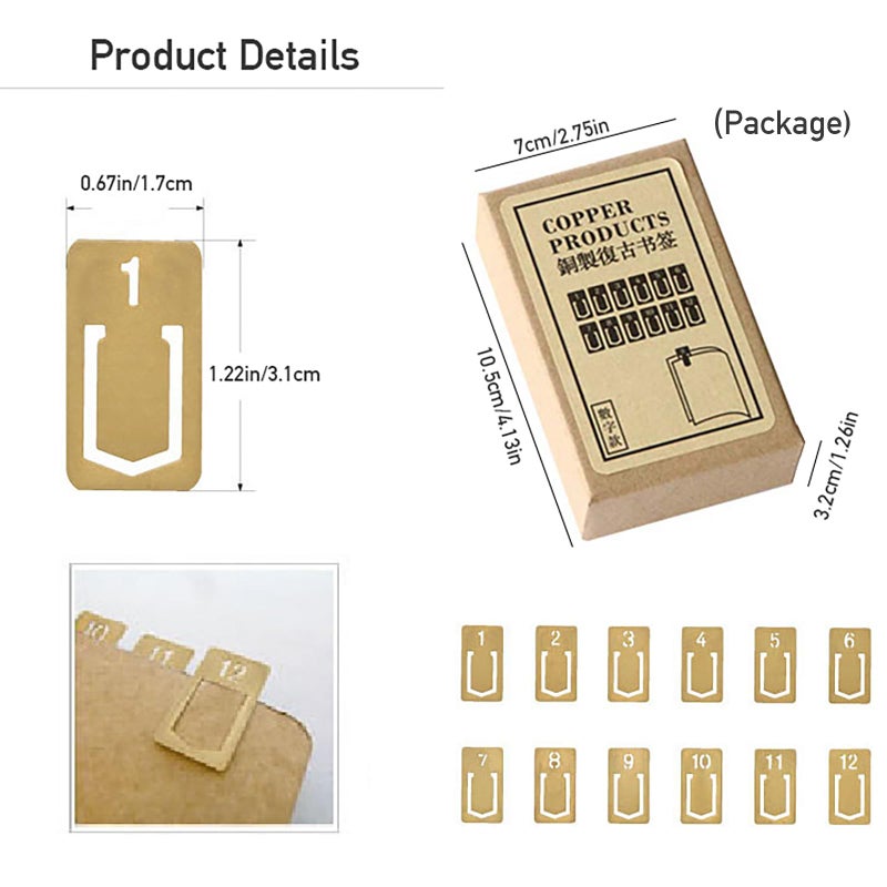 Doraking 12Pcs Brass Mini Bookmarks, Number 1-12 Planner Page Clips Metals Book Markers Reading Book Lovers Teachers Classmates Friends Gifts, Index Clamp for Journal Paper - Image 3