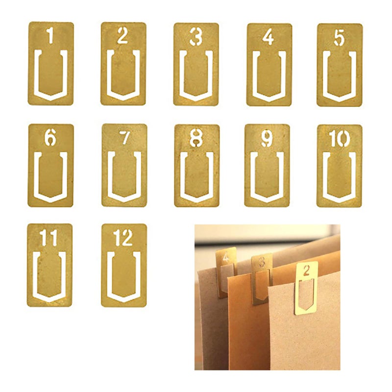 Doraking 12Pcs Brass Mini Bookmarks, Number 1-12 Planner Page Clips Metals Book Markers Reading Book Lovers Teachers Classmates Friends Gifts, Index Clamp for Journal Paper - Image 1