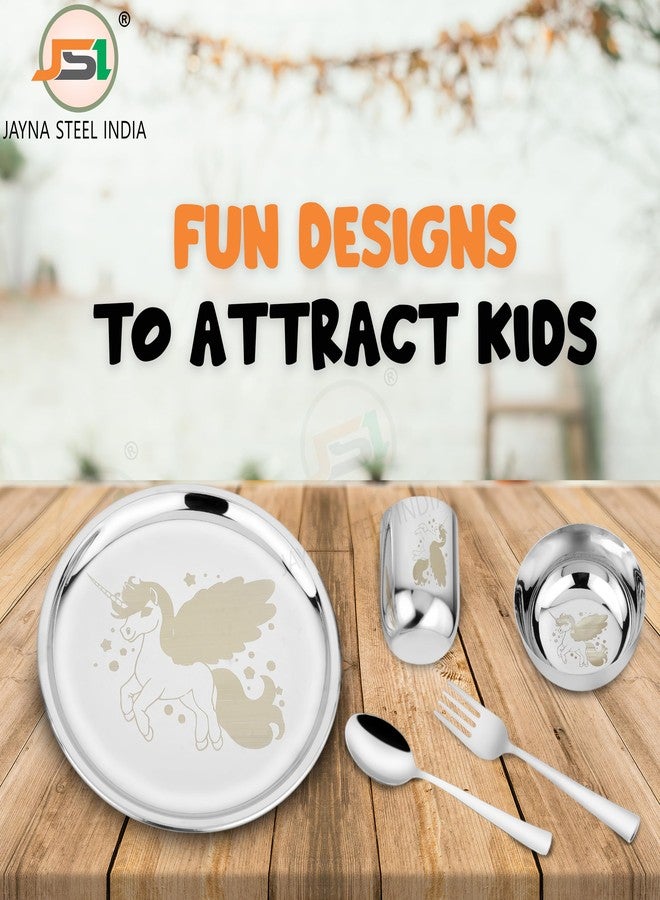 JSI Stainless Steel Dinner Set of 5 Pieces for Kids - 304 Grade SS Durable Lunch Thali Set - Permanent Laser Engraving Unicorn - Attractive & Elegant Design - Food Safe & Smooth Edges Plate - Image 2