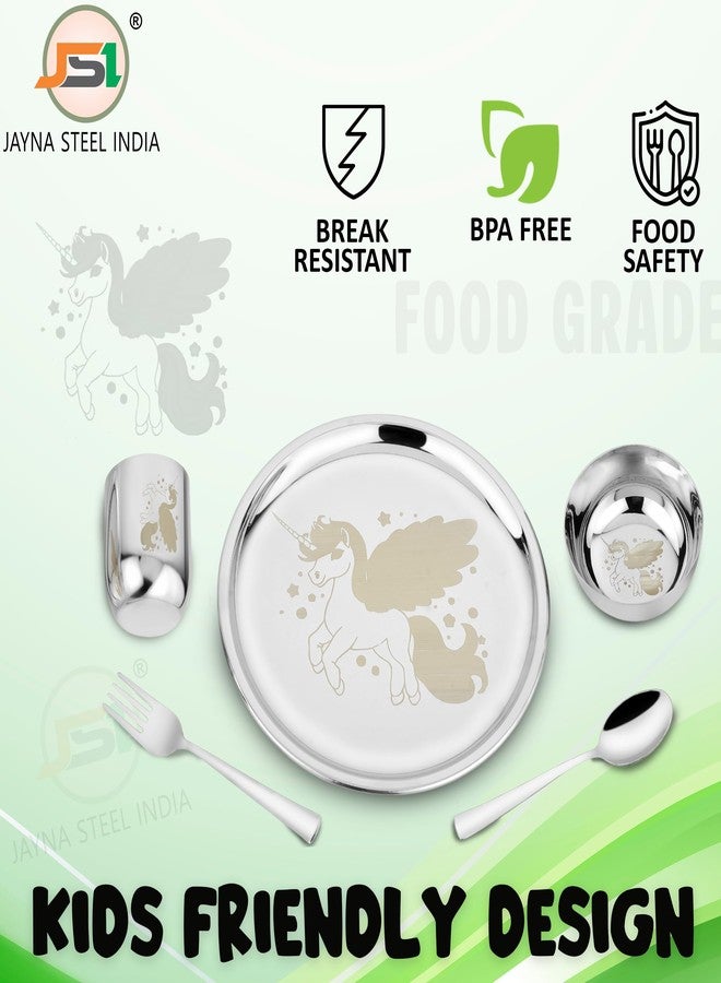 JSI Stainless Steel Dinner Set of 5 Pieces for Kids - 304 Grade SS Durable Lunch Thali Set - Permanent Laser Engraving Unicorn - Attractive & Elegant Design - Food Safe & Smooth Edges Plate - Image 5