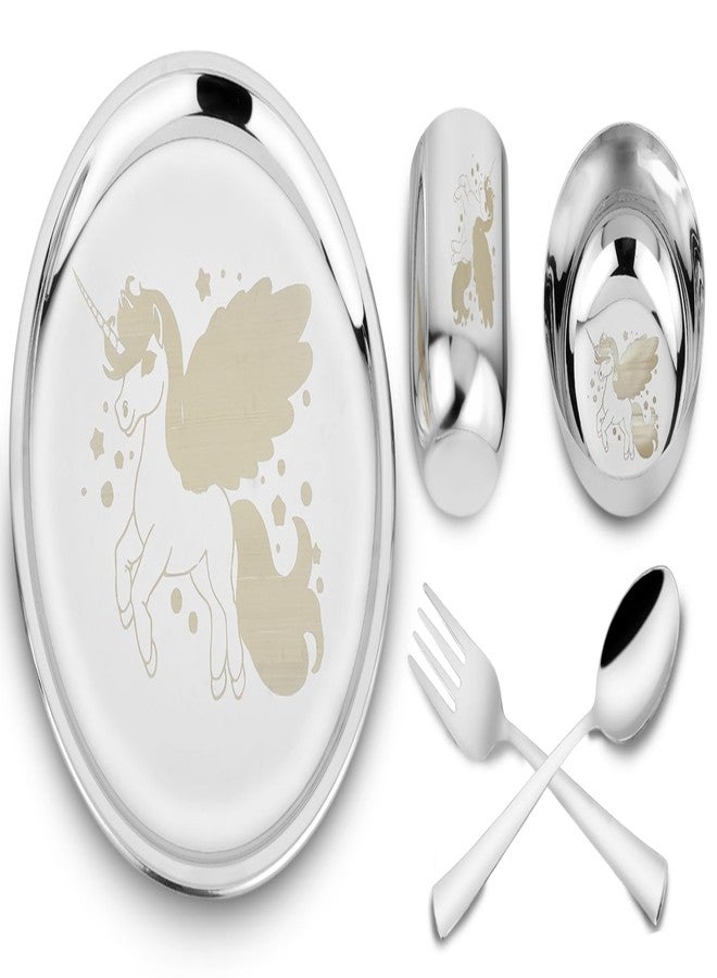 JSI Stainless Steel Dinner Set of 5 Pieces for Kids - 304 Grade SS Durable Lunch Thali Set - Permanent Laser Engraving Unicorn - Attractive & Elegant Design - Food Safe & Smooth Edges Plate - Image 1