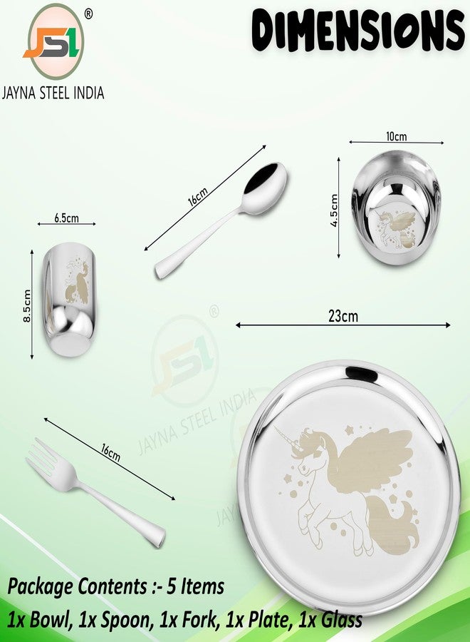 JSI Stainless Steel Dinner Set of 5 Pieces for Kids - 304 Grade SS Durable Lunch Thali Set - Permanent Laser Engraving Unicorn - Attractive & Elegant Design - Food Safe & Smooth Edges Plate - Image 4
