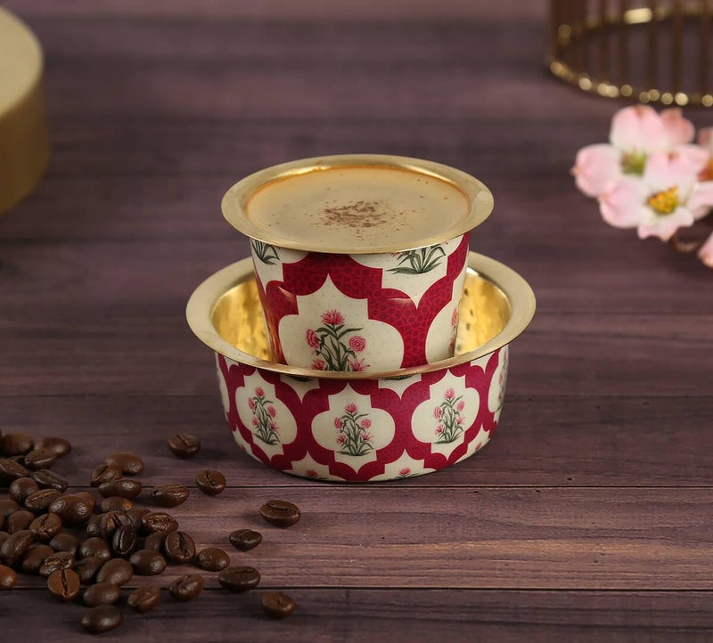 India Circus by Krsnaa Mehta India Circus by Krsnaa Mehta Poppy Flower Scarlet Brass Coffee Tea Cup Tumbler Traditional Kumbakonam Dawara Set Filter Coffee Set Serving Drinkware 150 ml  - Image 1