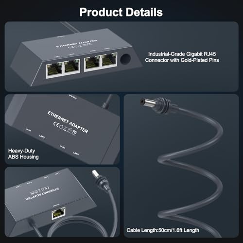 Ablian for Starlink Gen3/Mini Ethernet Adapter with 4 RJ45 Ports,Multi Ports Starlink Ethernet Adapter with Wired External Network for Other Devices and Network Cable[4 Devices Networked Simultaneously] - Image 5