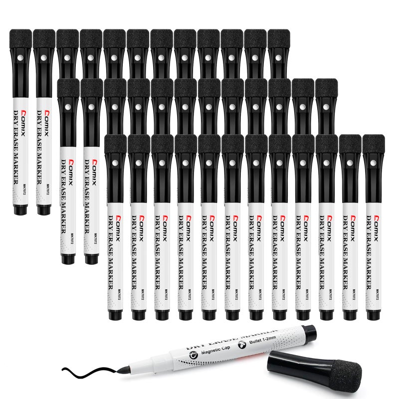 Comix Magnetic Dry Erase Markers, Fine Tip Black Whiteboard Markers with Eraser Cap, Low Odor Black Markers for Kids Teachers - Image 1
